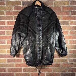 Size M - VTG WinLit Genuine Leather Floral Print Embroidered Winter Coat Jacket